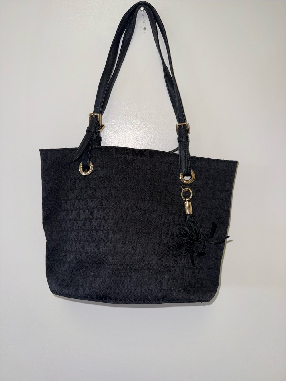Michael Kors Black 'MK' Pattern Fabric Shoulder Bag Tote